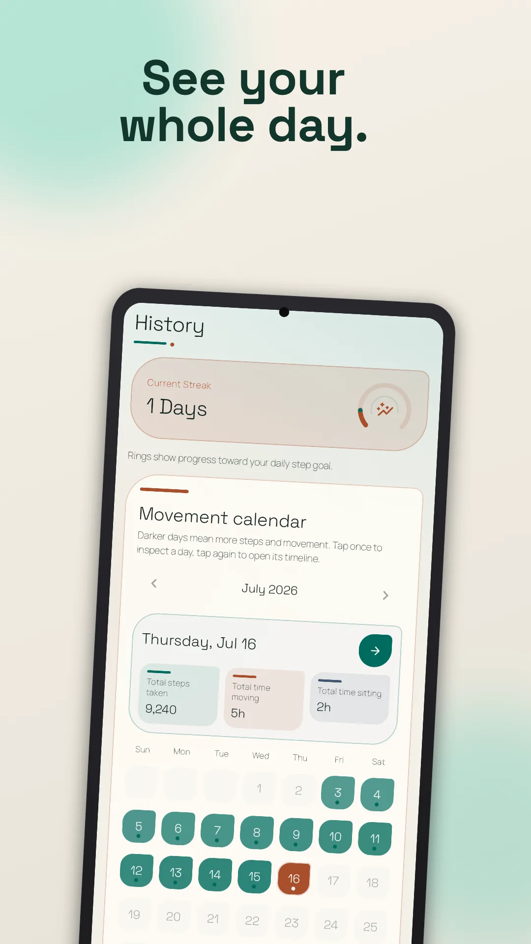 Move More history screen with a calendar, movement time, sitting time, and daily streak